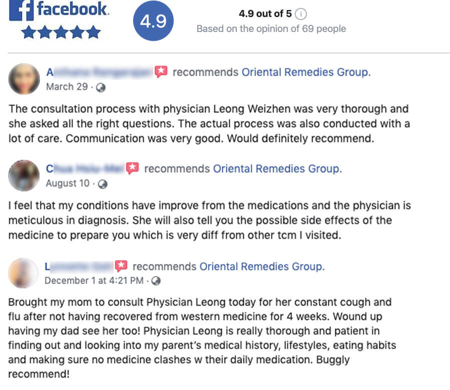 Facebook reviews on best TCM and physicians in Singapore